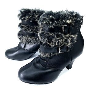 Dressbarn Black Faux Fur Belted High Heel Stiletto Ankle Boots Sz 8